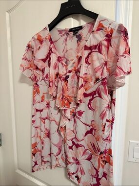 Apt. 9 Pink & Coral Floral Ruffle V-Neck Blouse